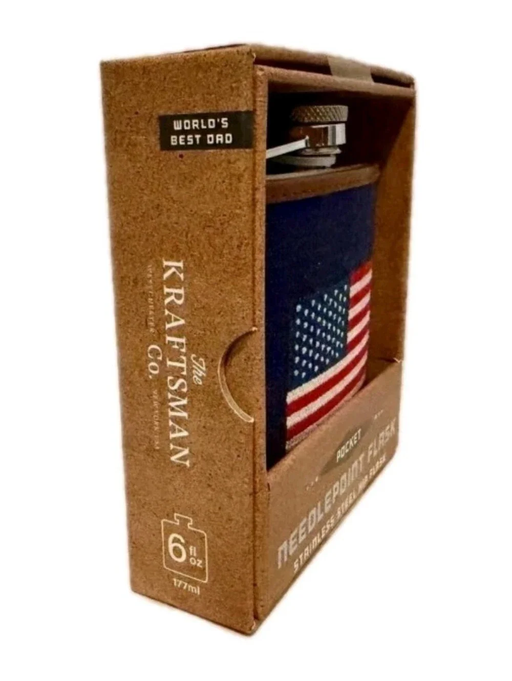 THE KRAFTSMAN CO. :AMERICAN FLAG: NEEDLEPOINT: STAINLESS STEEL: FLASK: 6 OZ: NEW